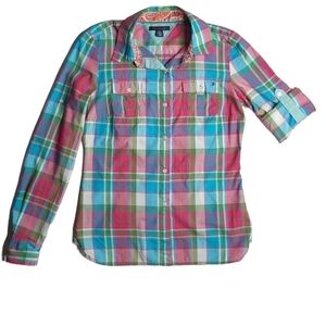 Tommy Hilfiger Preppy Button-down Shirt Turquoise Fuchsia Picnic Plaid women XS